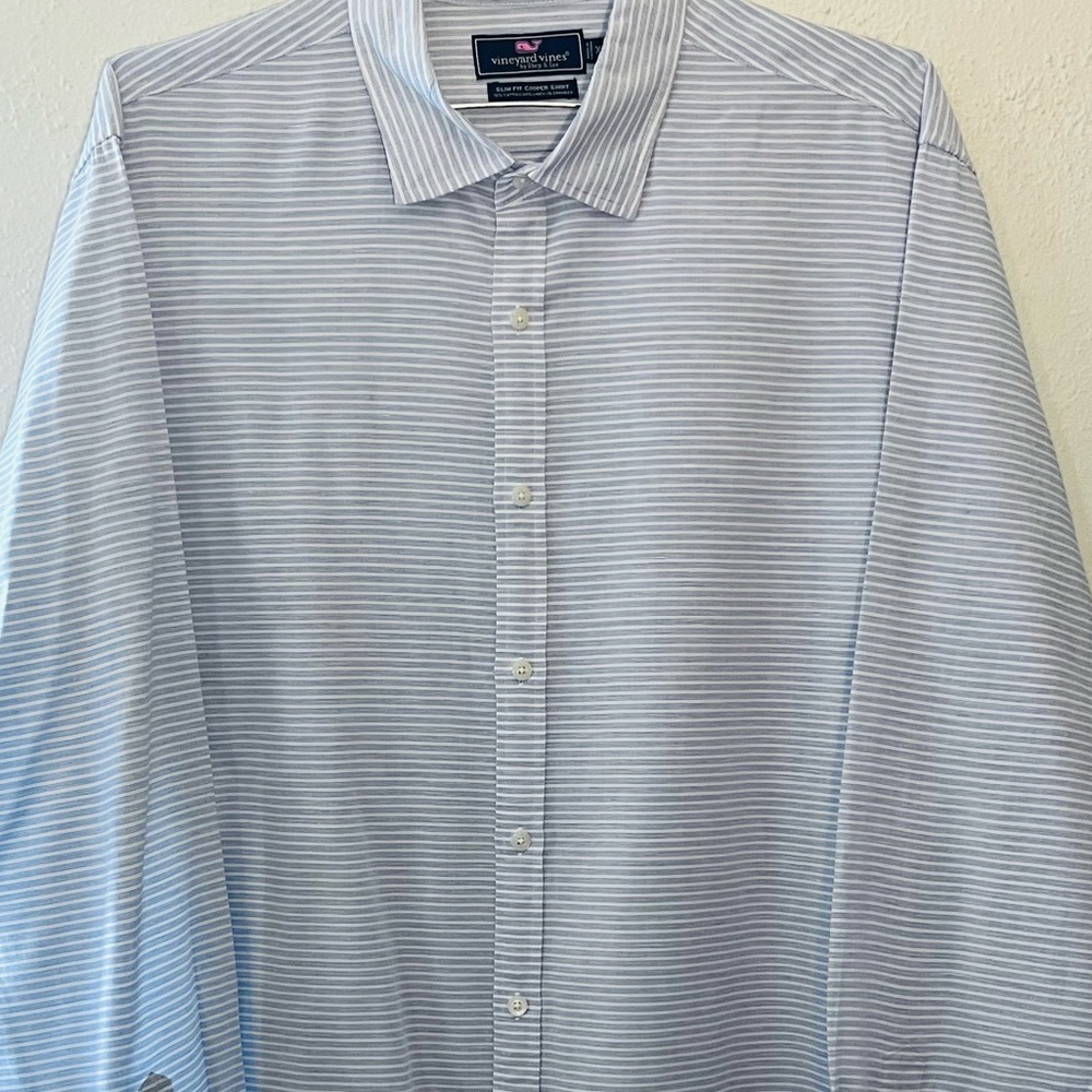 Vineyard Vines Men Slim Fit Cooper Shirt XL Blue Pinstripe Cotton Linen Career - Picture 2 of 6